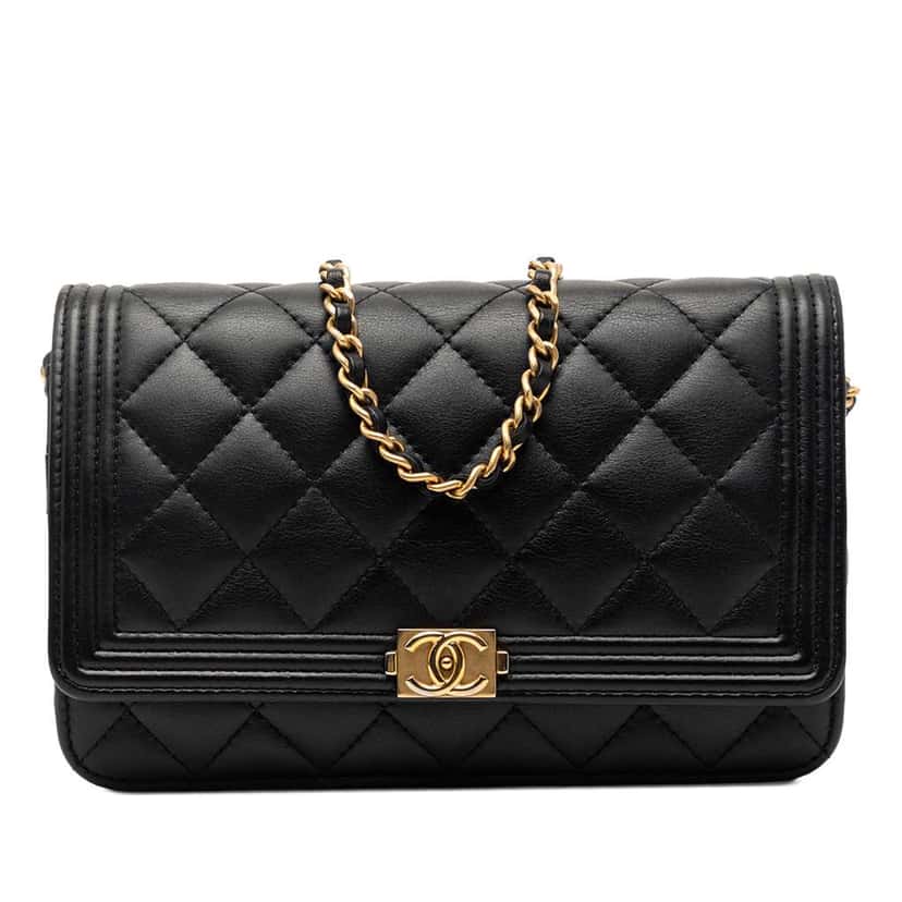 Chanel Quilted Lambskin Boy Wallet On Chain Black Leather Very good condition - Front View