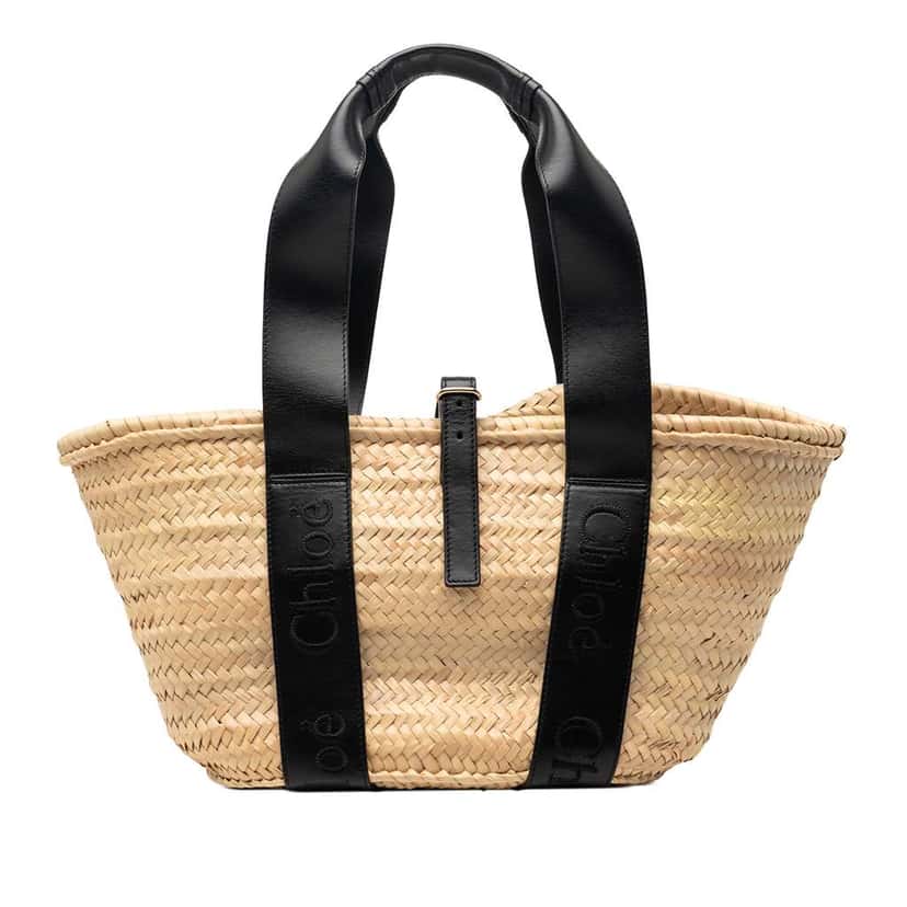 Chloé Medium Raffia and Smooth Calfskin Sense Basket Tote Beige Very good condition - Front View