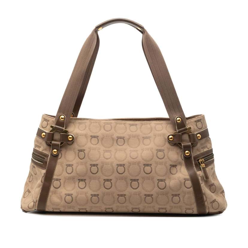 Salvatore Ferragamo Gancini Canvas Shoulder Bag Brown Canvas Very good condition - Front View