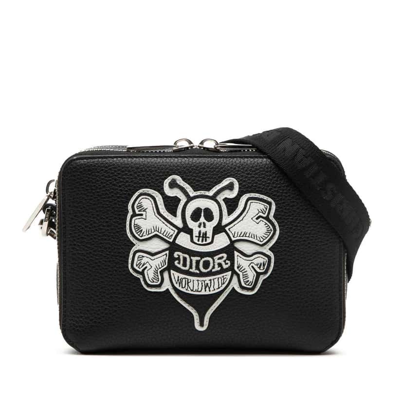 Dior Shawn Stussy Grained Calfskin Double Zip Pouch with Strap Black Leather Very good condition - Front View