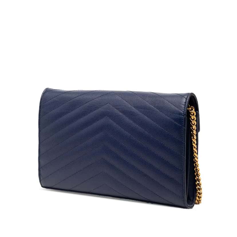 Saint Laurent Grain De Poudre Chevron Monogram Envelope Chain Wallet Blue Leather Very good condition - Back View
