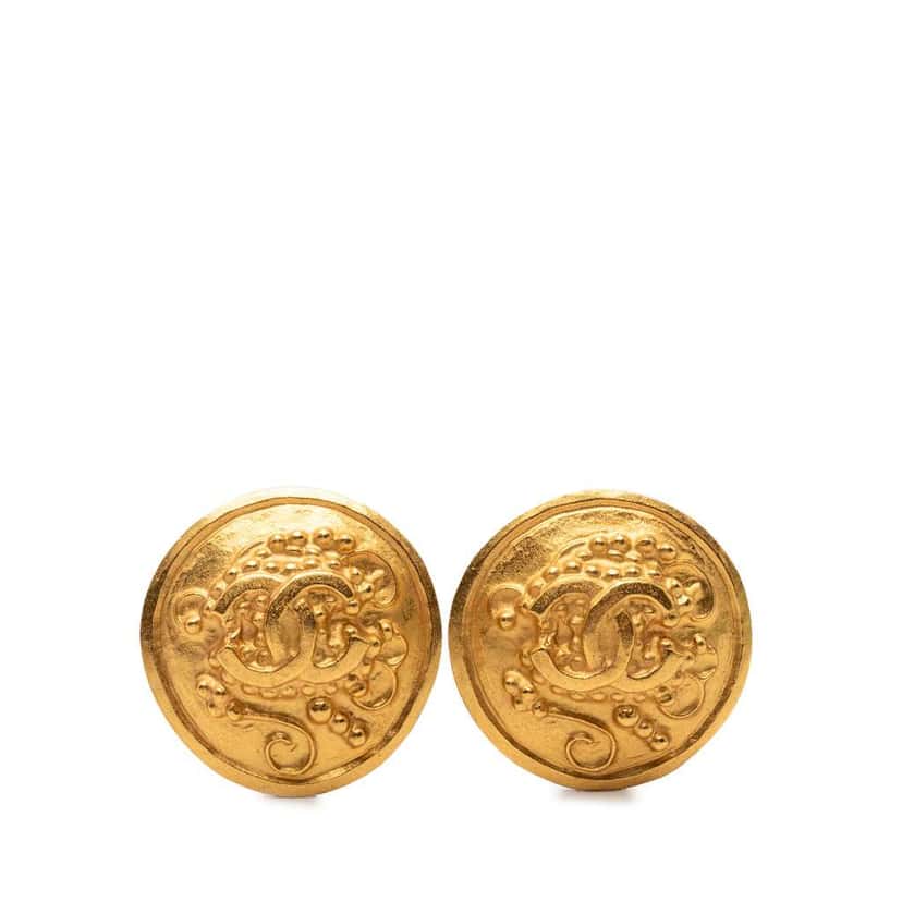 Chanel CC Gold Plated Grapevine Button Clip On Earrings Gold Metal Very good condition - Front View