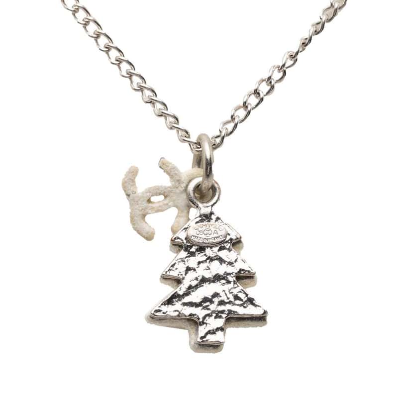 Chanel Silver Plated CC Christmas Tree Pendant Necklace Silver Metal Very good condition - Back View