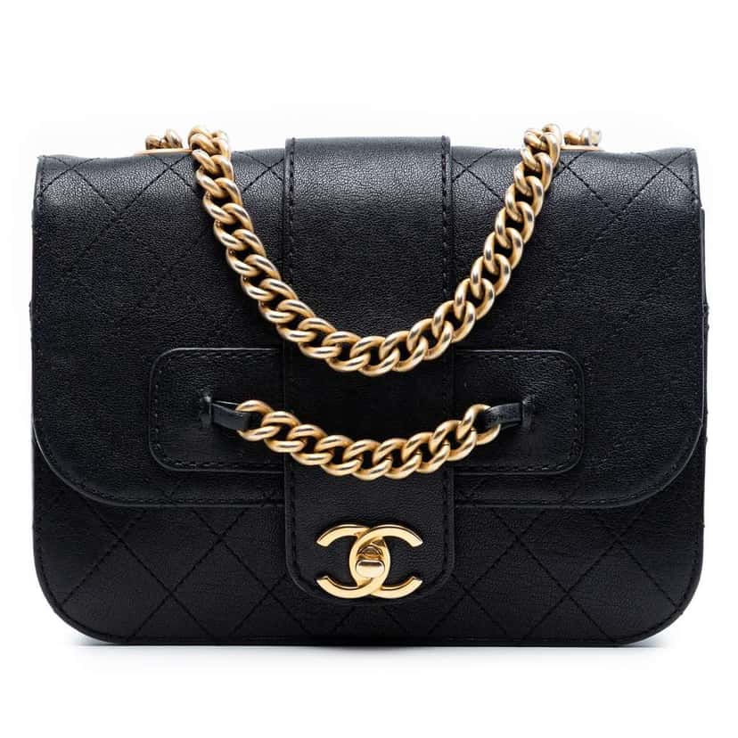 Chanel Large Quilted Sheepskin Front Chain Flap Black Leather Good condition - Front View