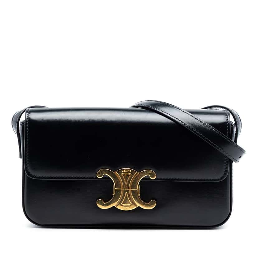 Celine Shiny Calfskin Claude Shoulder Bag Black Leather Good condition - Front View