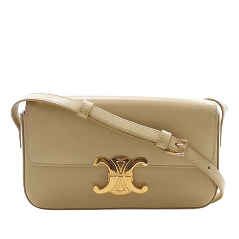 Celine Shiny Calfskin Triomphe Claude Shoulder Bag Beige Leather Never worn - Front View