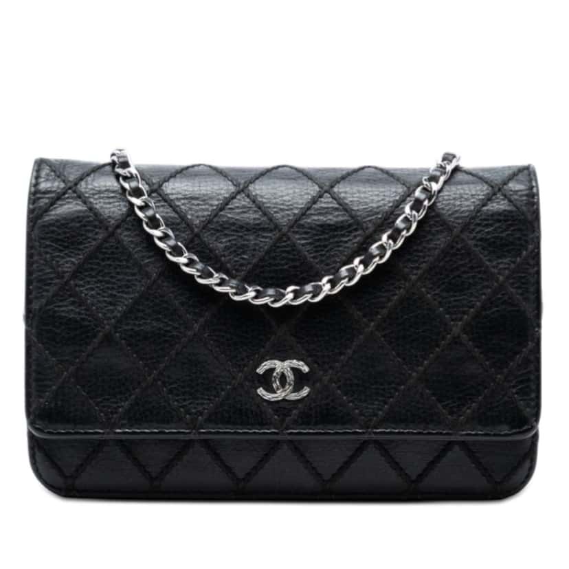 Chanel CC Lambskin Wild Stitch Wallet on Chain Black Leather Good condition - Front View