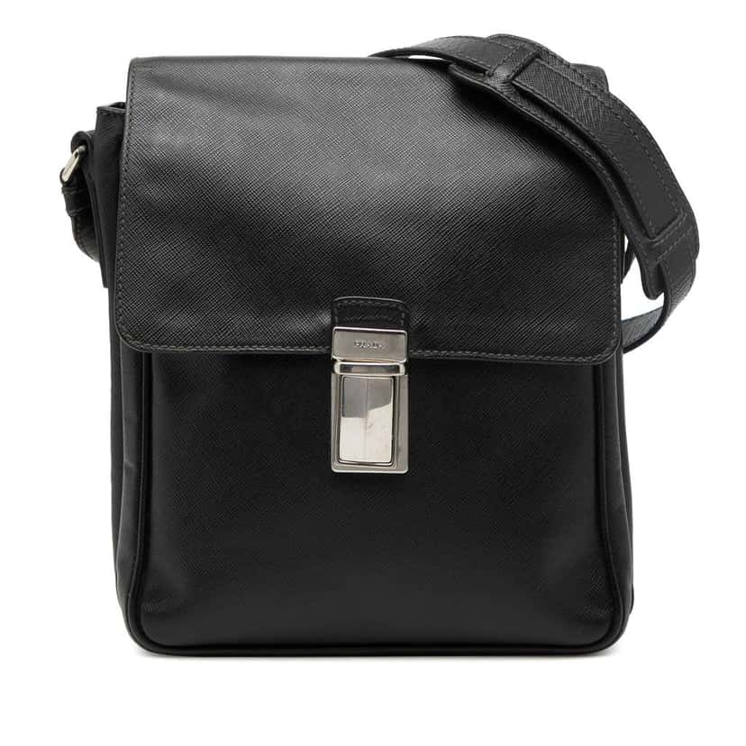 Prada Saffiano Travel Messenger Bag Black Leather Good condition - Front View