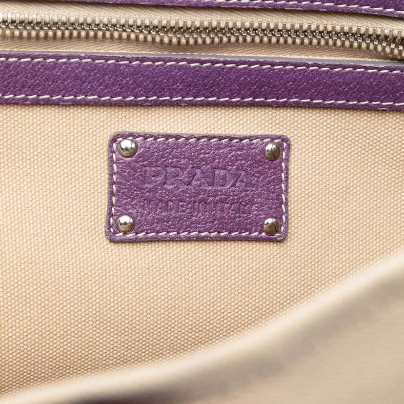 Prada Studded Leather Trimmed Canvas Front Pocket Tote Brown Canvas Very good condition - Box View