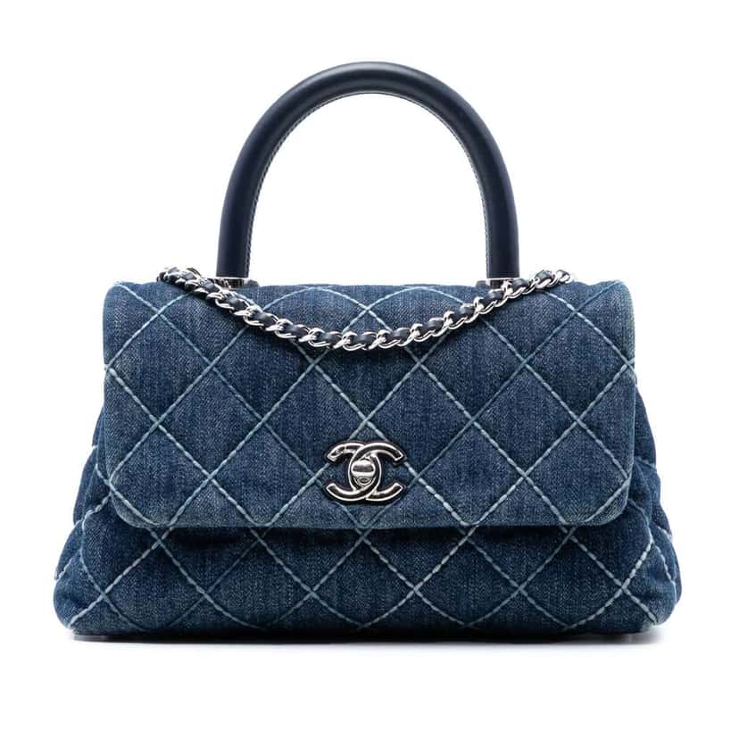 Chanel Small Quilted Denim Coco Top Handle Bag Blue Denim Very good condition - Front View