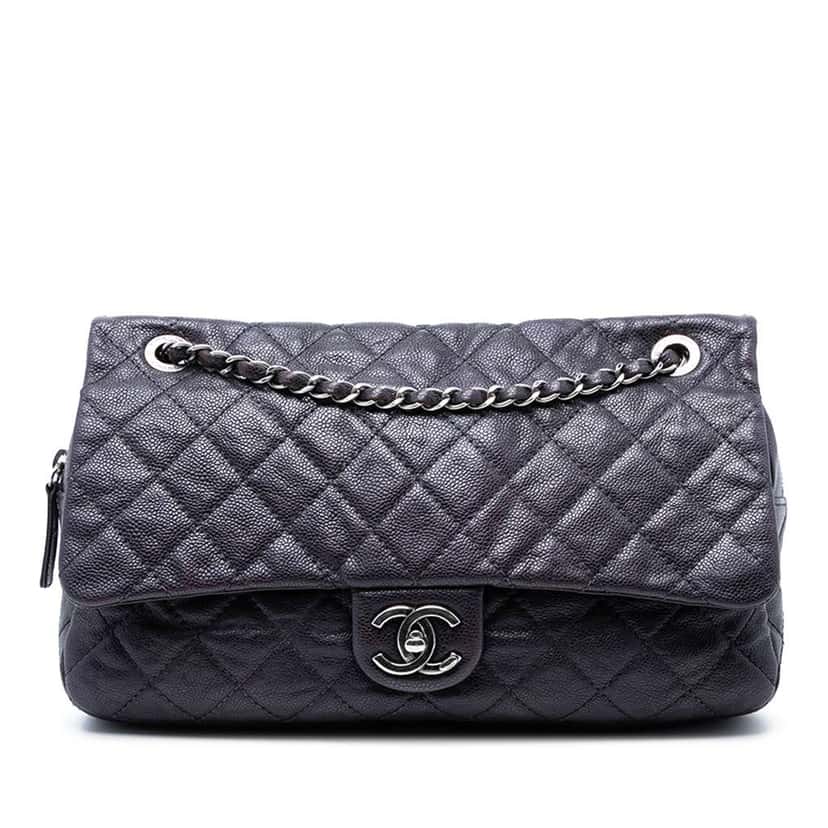 Chanel Jumbo Quilted Iridescent Caviar Easy Flap Grey Leather Very good condition - Front View