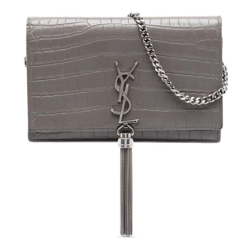 Saint Laurent Croc Embossed Leather Monogram Kate Tassel Wallet on Chain Grey Leather Very good condition - Front View