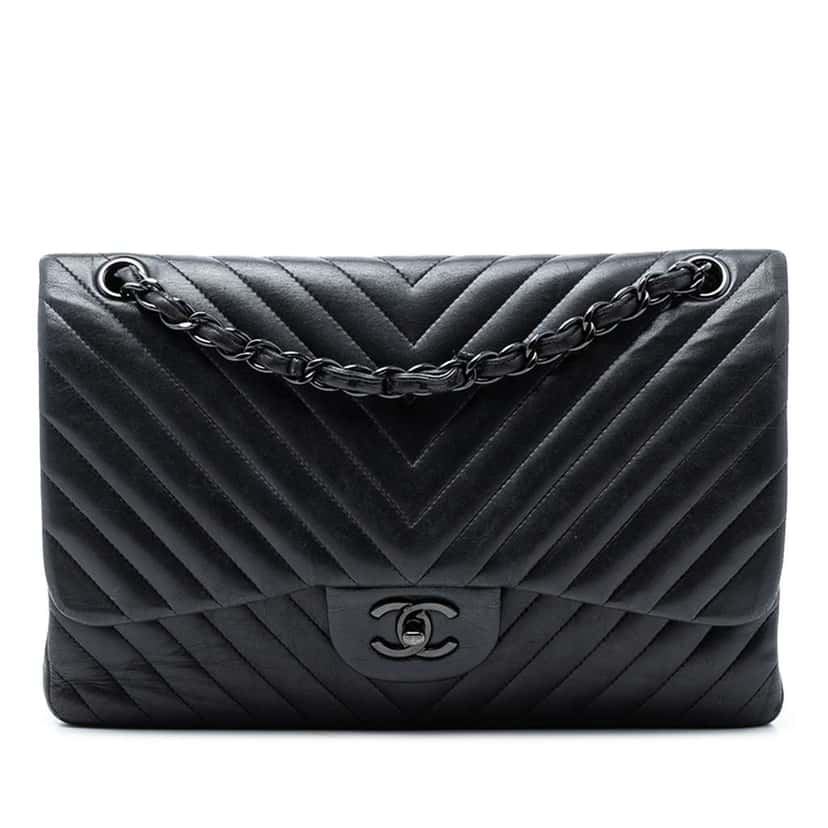 Chanel Jumbo Classic Chevron Lambskin So Black Double Flap Black Leather Very good condition - Front View