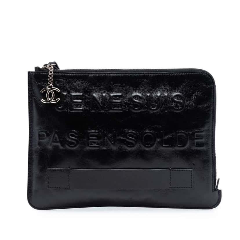 Chanel Distressed Calfskin Je Ne Suis Pas En Solde Clutch Black Leather Very good condition - Front View