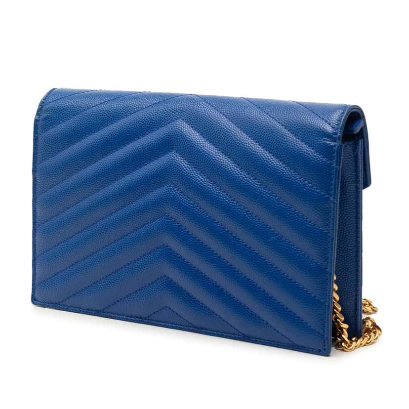 Saint Laurent Grain De Poudre Chevron Monogram Envelope Chain Wallet Blue Leather Very good condition - Back View