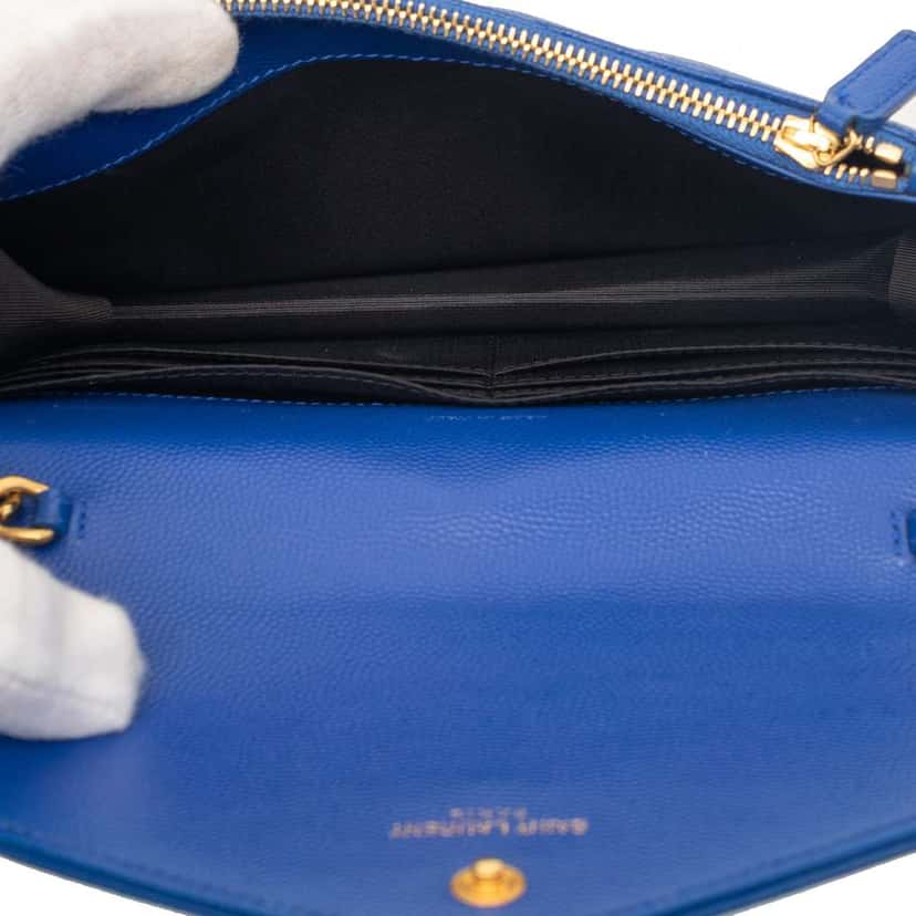 Saint Laurent Grain De Poudre Chevron Monogram Envelope Chain Wallet Blue Leather Very good condition - Model View