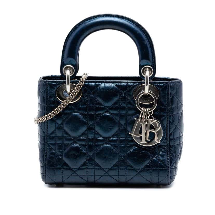 Dior Mini Metallic Calfskin Cannage Lady Dior Blue Leather Very good condition - Front View