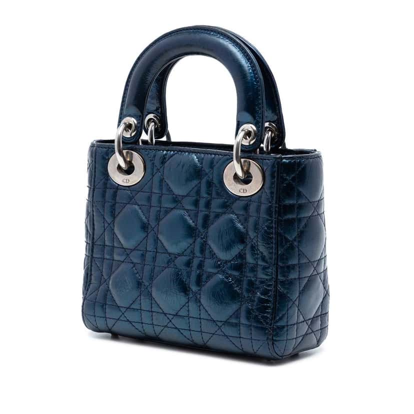 Dior Mini Metallic Calfskin Cannage Lady Dior Blue Leather Very good condition - Back View