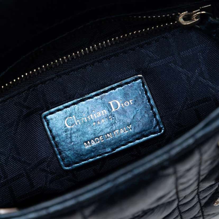 Dior Mini Metallic Calfskin Cannage Lady Dior Blue Leather Very good condition - Box View