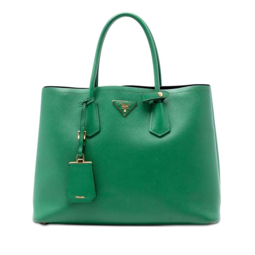 Prada Medium Saffiano Cuir Double Satchel Green Leather Very good condition - Front View