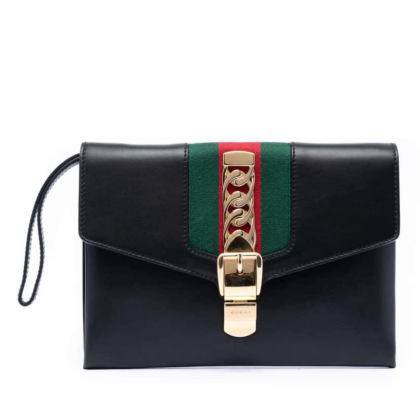 Gucci Leather Sylvie Clutch Black Leather Very good condition - Front View