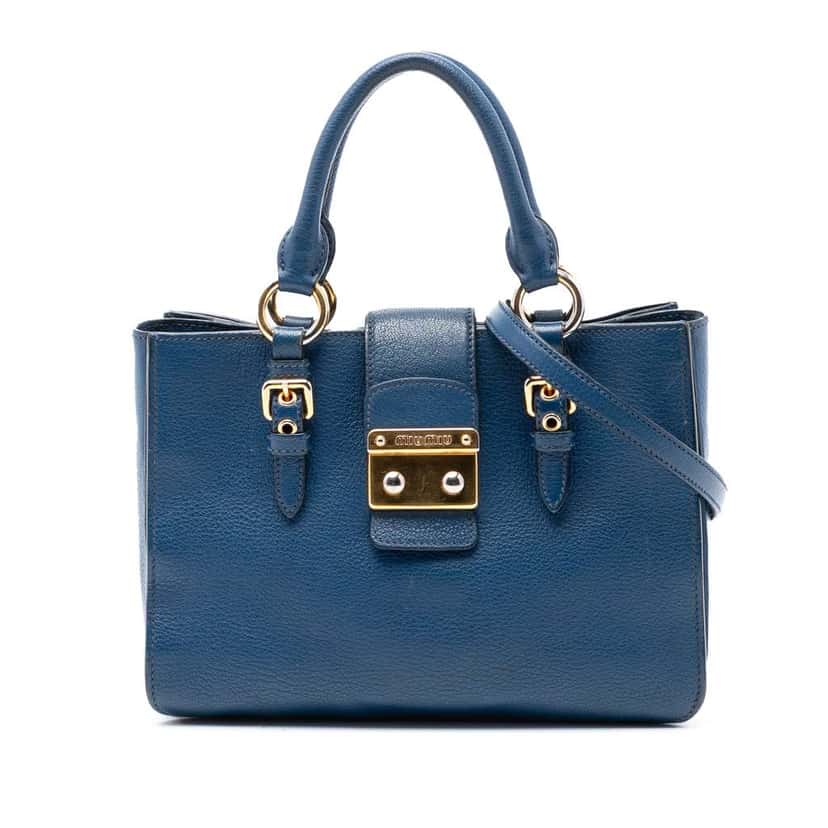 Miu Miu Goatskin Madras Satchel Blue Leather Good condition - Front View