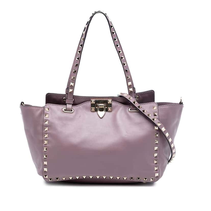 Valentino Small Grained Calfskin Rockstud Trapeze Satchel Purple Leather Very good condition - Front View