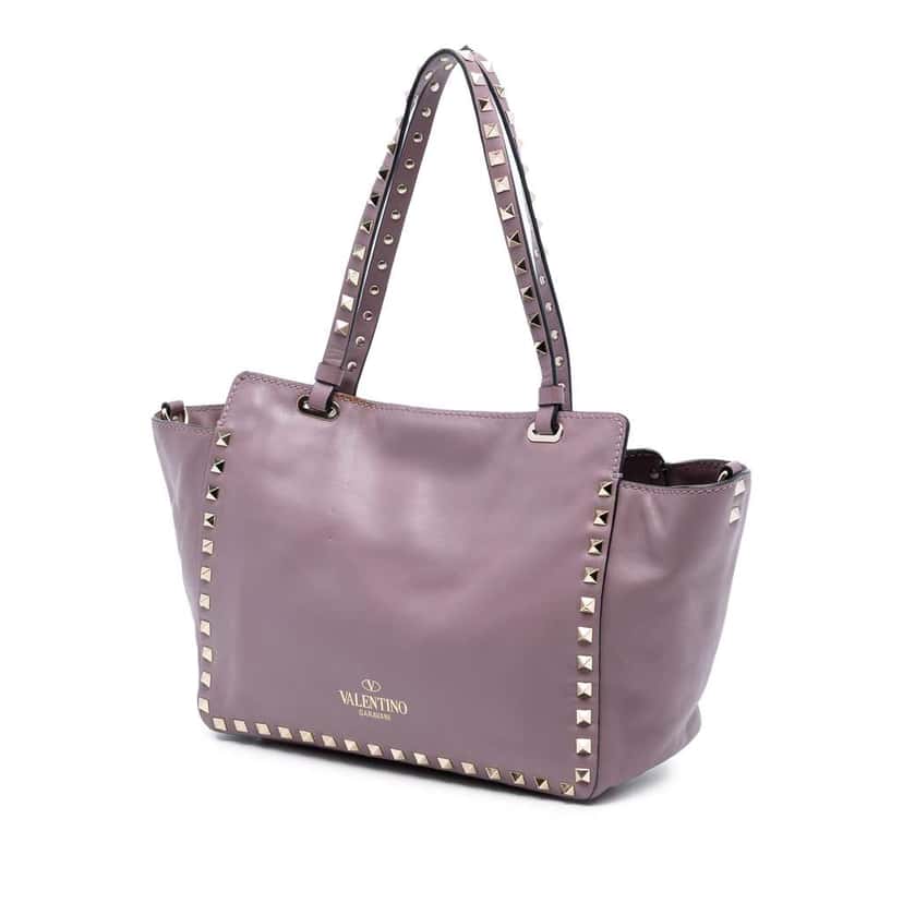 Valentino Small Grained Calfskin Rockstud Trapeze Satchel Purple Leather Very good condition - Back View