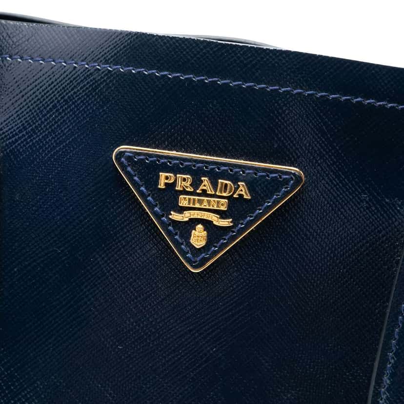 Prada Medium Saffiano Vernice Double Satchel Blue Leather Very good condition - Box View