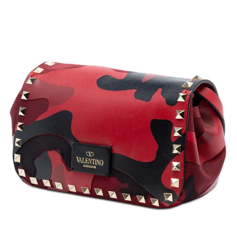 Valentino Mini Nappa and Canvas Camouflage Rockstud Flap Crossbody Red Leather Very good condition - Back View