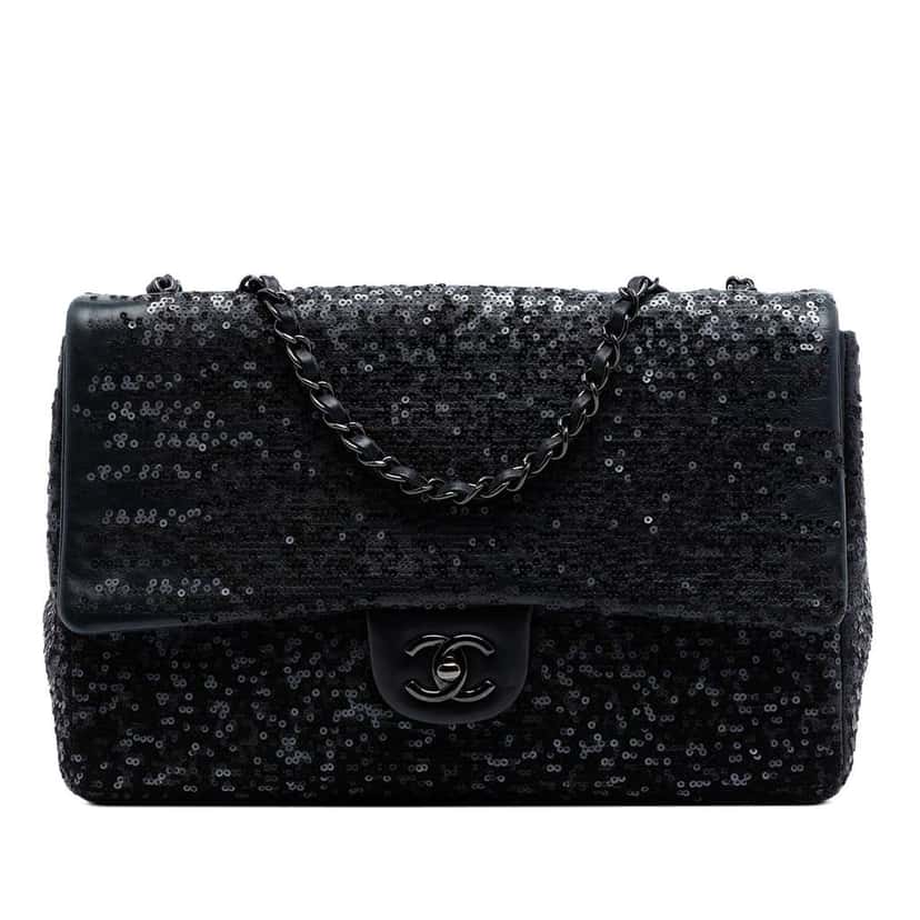 Chanel Jumbo Classic Sequins Single Flap Black Leather Very good condition - Front View
