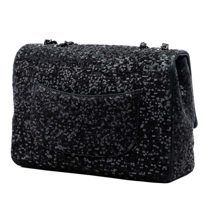 Chanel Jumbo Classic Sequins Single Flap Black Leather Very good condition - Back View