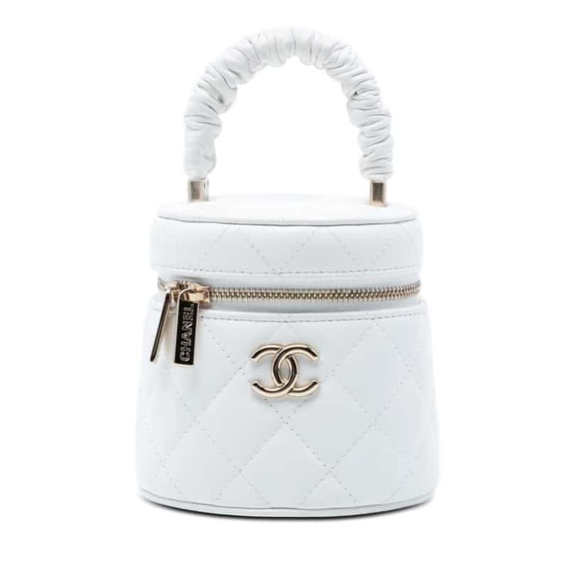 Chanel Mini Quilted Lambskin Ruched Handle Vanity Case White Leather Very good condition - Front View