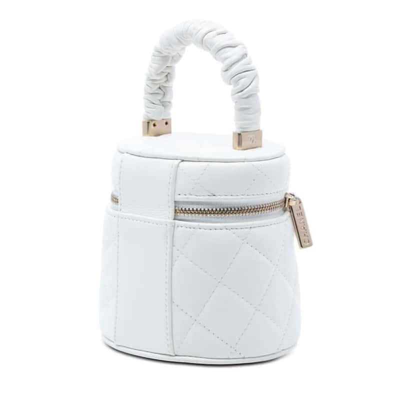 Chanel Mini Quilted Lambskin Ruched Handle Vanity Case White Leather Very good condition - Back View