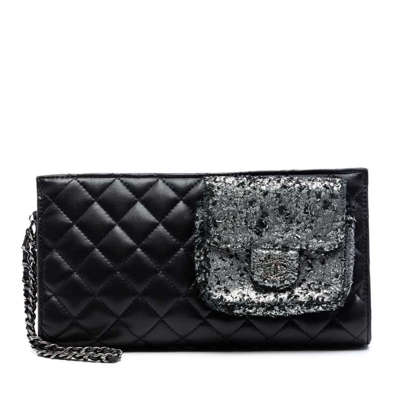 Chanel Metallic and Quilted Lambskin Mineral Nights Pochette Wristlet Black Leather Very good condition - Front View