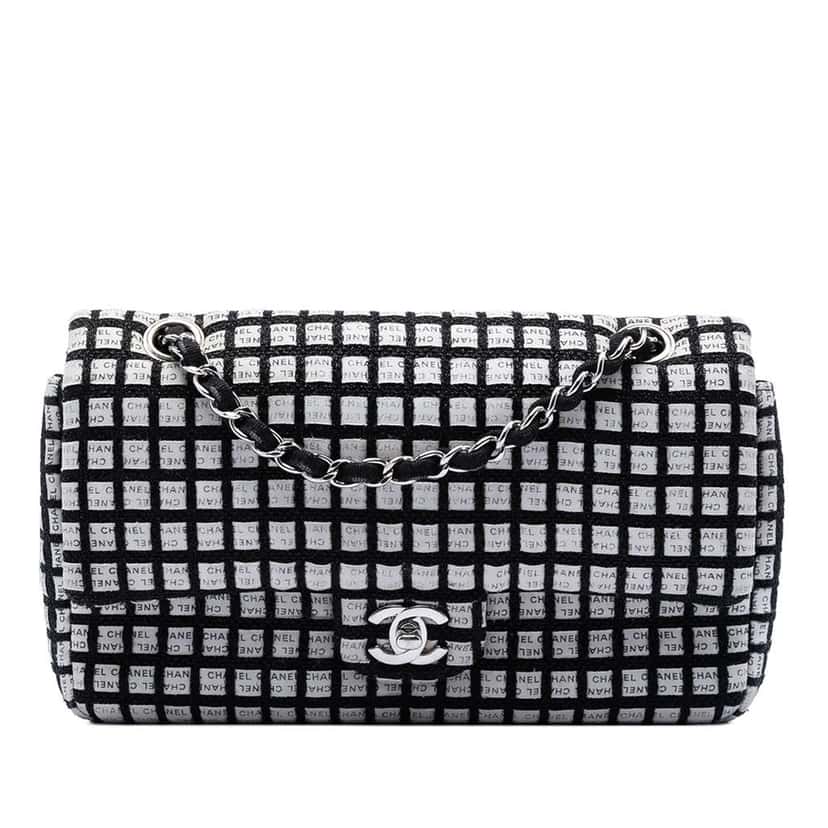 Chanel Medium Classic Ribbon and Tweed Logo Double Flap Black Canvas Very good condition - Front View