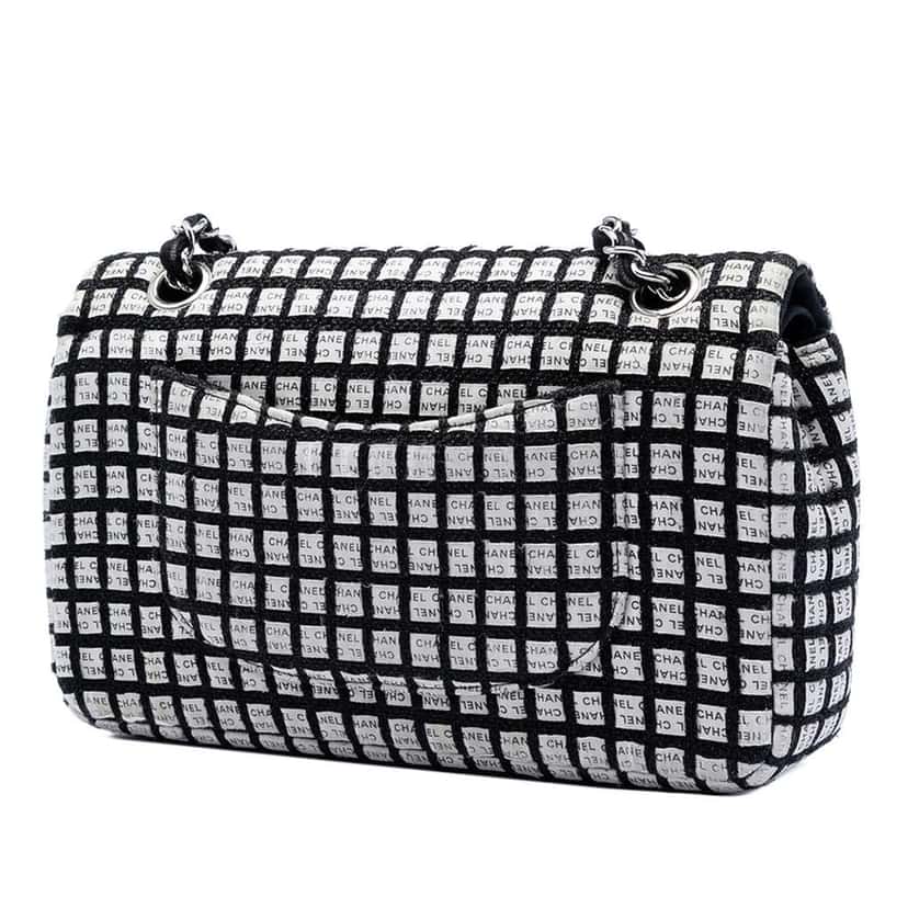 Chanel Medium Classic Ribbon and Tweed Logo Double Flap Black Canvas Very good condition - Back View