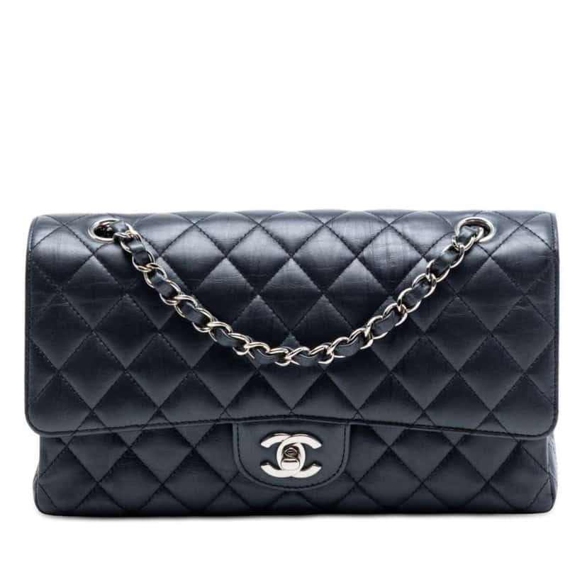 Chanel Medium Classic Lambskin Double Flap Blue Leather Very good condition - Front View