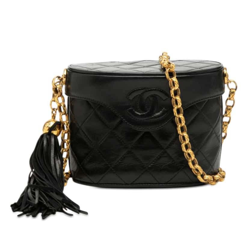 Chanel CC Quilted Lambskin Tassel Vanity Bag Black Leather Very good condition - Front View
