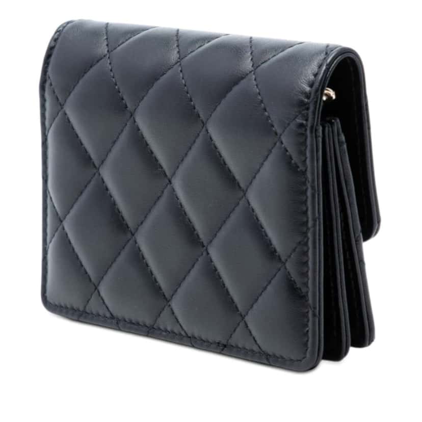 Chanel Quilted Lambskin Camellia Bow Card Holder On Chain Black Leather Very good condition - Back View