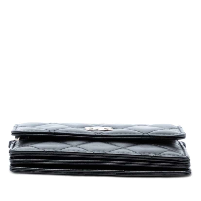 Chanel Quilted Lambskin Camellia Bow Card Holder On Chain Black Leather Very good condition - Inside View