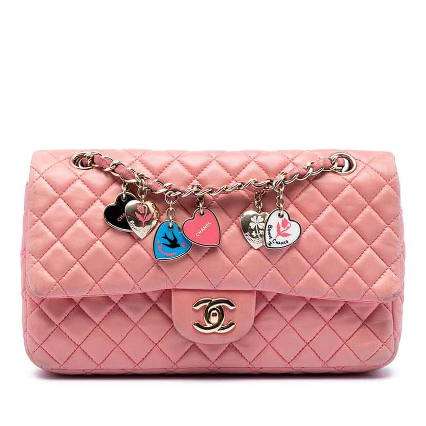 Chanel Medium Classic Lambskin Valentines Heart Charms Single Flap Pink Leather Very good condition - Front View