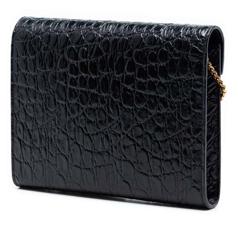 Saint Laurent Shiny Croc Embossed Calfskin Monogram Cassandra Chain Wallet Black Leather Very good condition - Back View