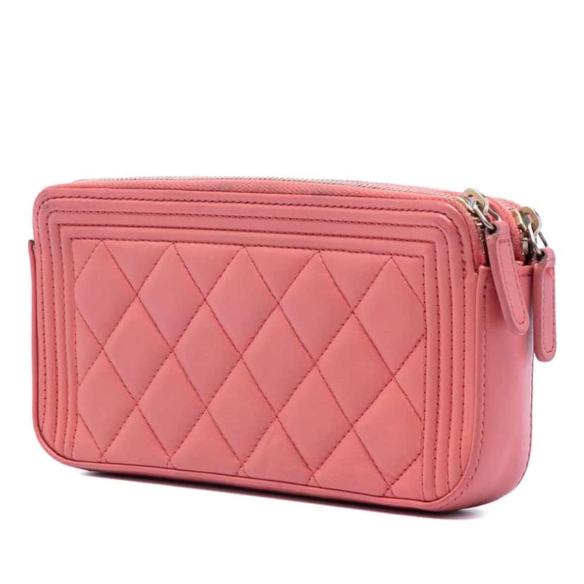 Chanel Quilted Caviar Boy Double Zip Clutch With Chain Pink Leather Very good condition - Back View