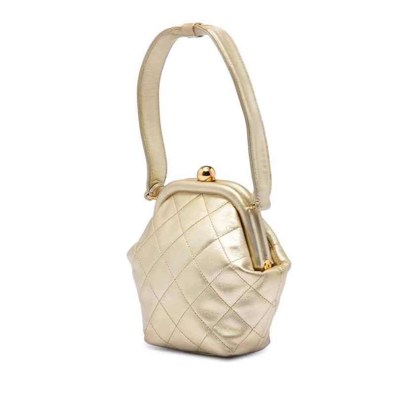 Chanel CC Metallic Quilted Lambskin Kisslock Frame Handbag Gold Leather Very good condition - Back View