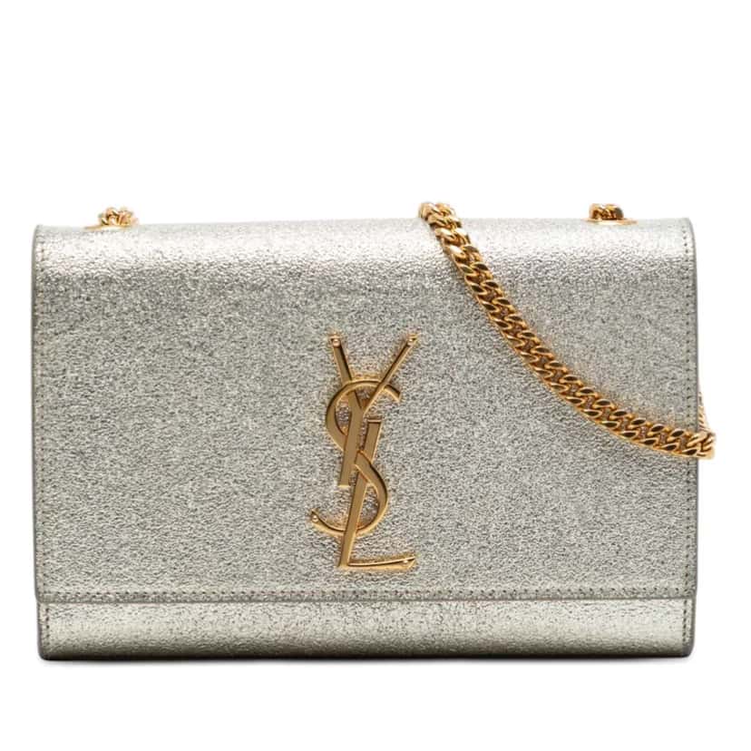 Saint Laurent Small Metallic Calfskin Classic Monogram Kate Crossbody Silver Leather Very good condition - Front View