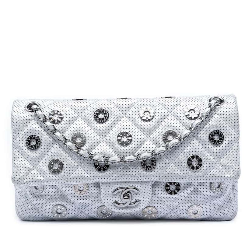 Chanel Paris Dubai Medium Perforated Metallic Lambskin Medals Flap Silver Leather Very good condition - Front View