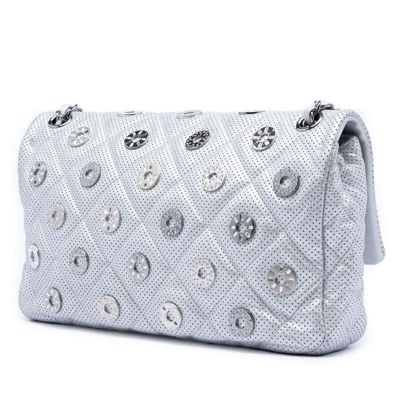 Chanel Paris Dubai Medium Perforated Metallic Lambskin Medals Flap Silver Leather Very good condition - Back View