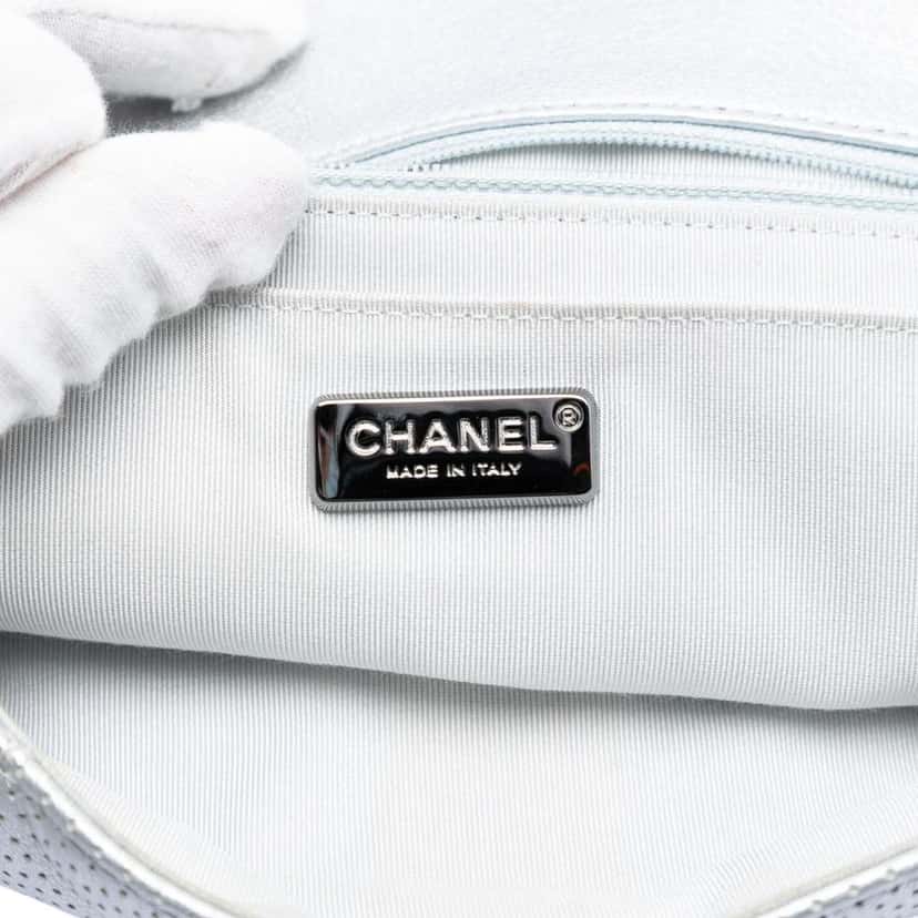 Chanel Paris Dubai Medium Perforated Metallic Lambskin Medals Flap Silver Leather Very good condition - Box View