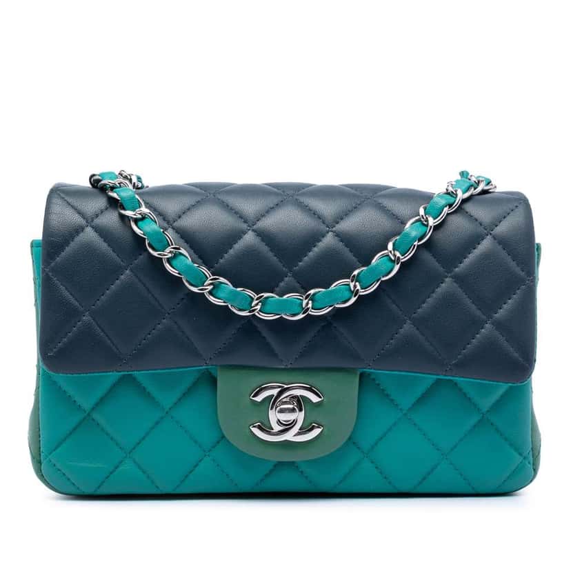 Chanel Mini Rectangular Classic Tricolor Lambskin Single Flap Blue Leather Good condition - Front View